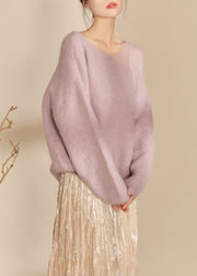 French Purple O Neck Hollow Out Woolen Sweater Tops Spring