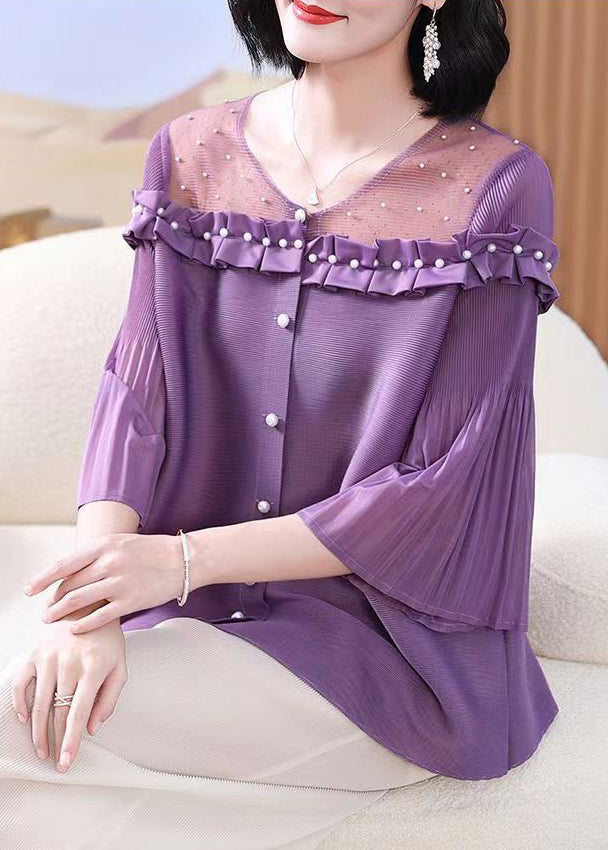 French Purple O Neck Nail Bead Patchwork Cotton Shirts Flare Sleeve