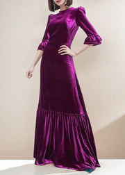 French Purple O Neck Ruffled Patchwork Silk Velvet Long Dresses Spring