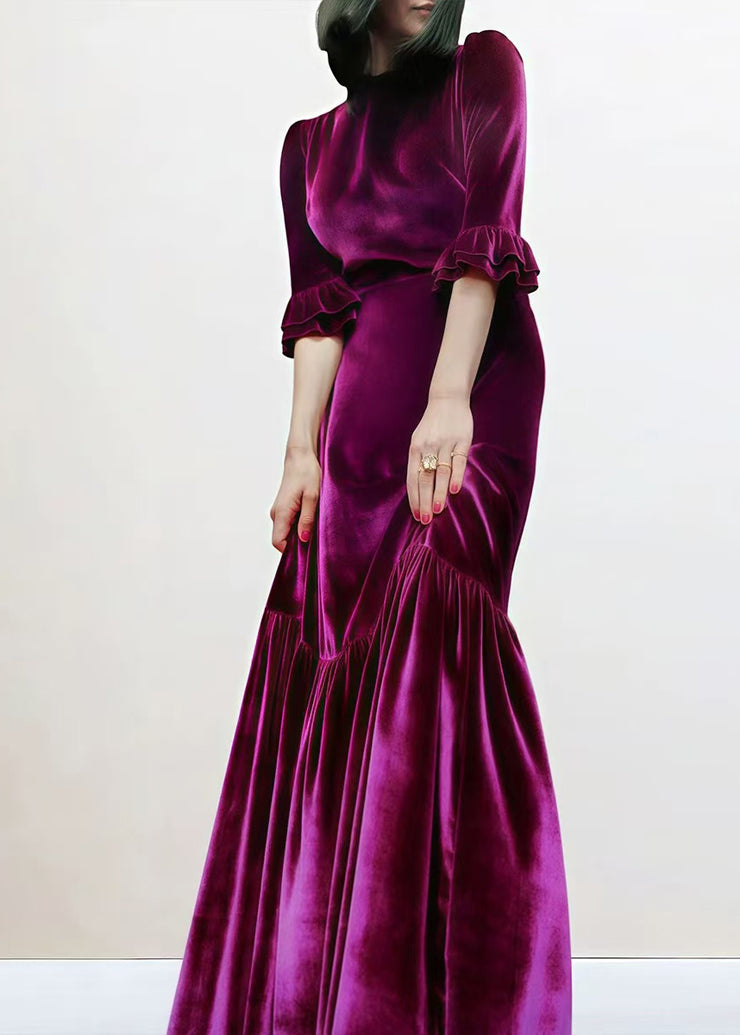 French Purple O Neck Ruffled Patchwork Silk Velvet Long Dresses Spring