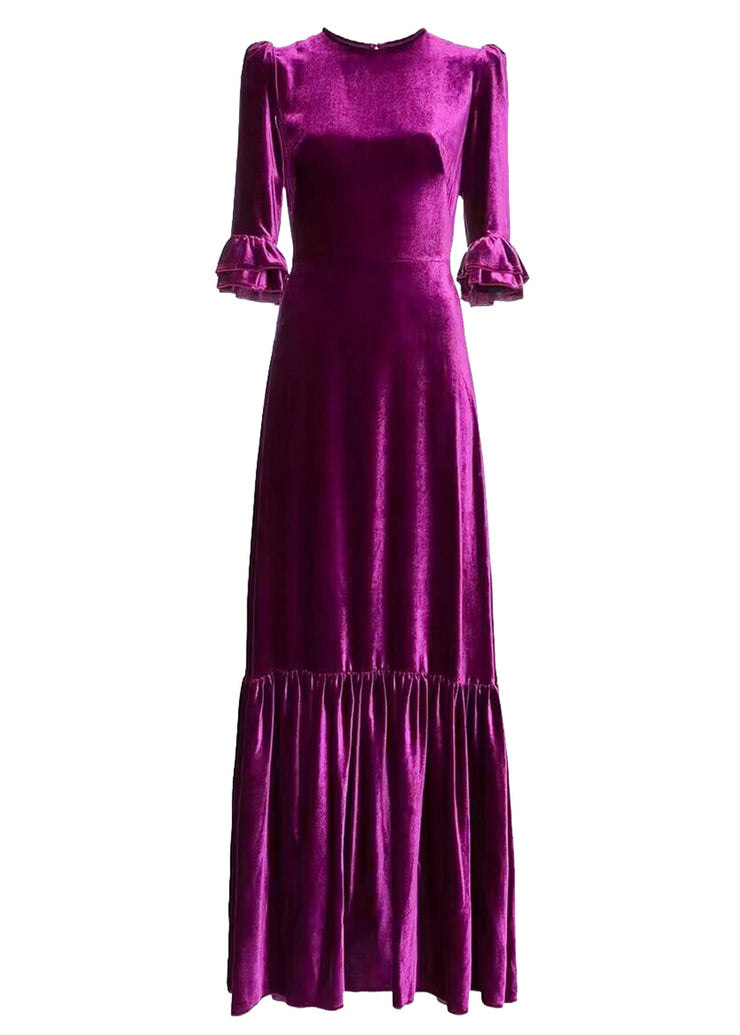 French Purple O Neck Ruffled Patchwork Silk Velvet Long Dresses Spring