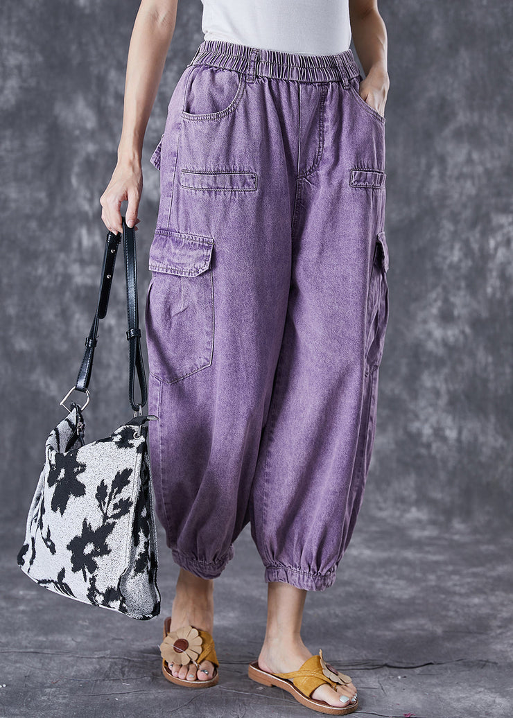 French Purple Oversized Pockets Denim Harem Pants Fall