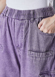 French Purple Oversized Pockets Denim Harem Pants Fall