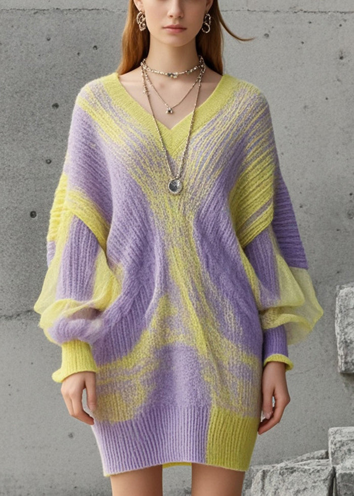 French Purple Oversized Tie Dye Long Sweater Batwing Sleeve