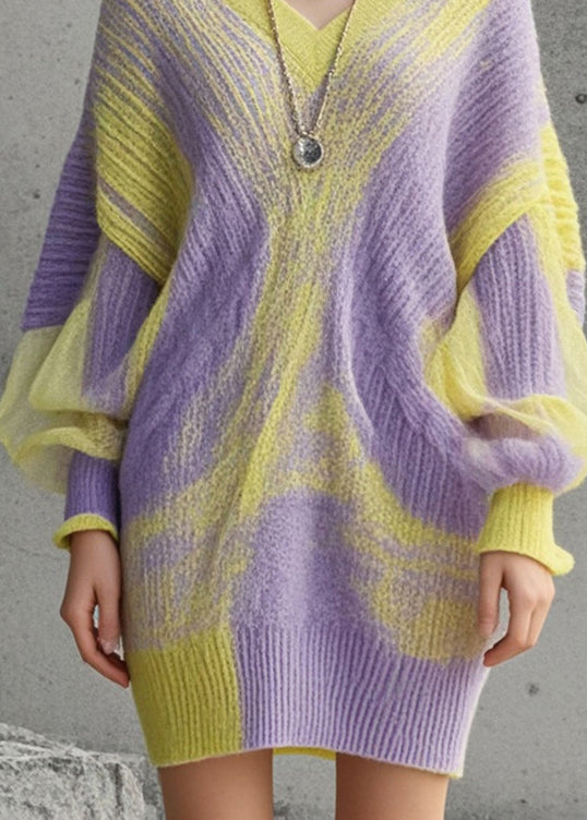 French Purple Oversized Tie Dye Long Sweater Batwing Sleeve