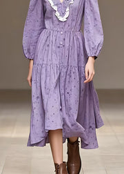 French Purple Patchwork Wrinkled Holiday Long Dress Long Sleeve