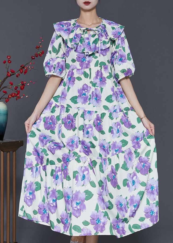 French Purple Peter Pan Collar Floral Cotton Maxi Dresses Summer
