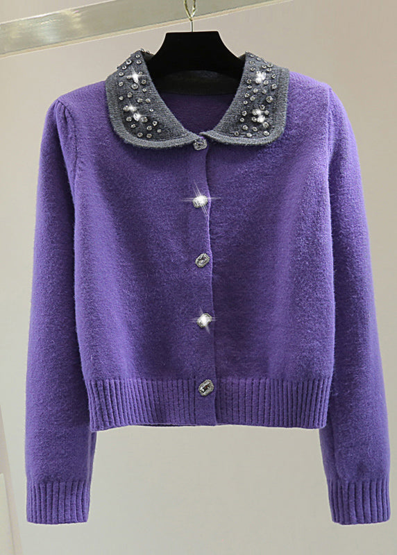 French Purple Peter Pan Collar Nail Bead Cotton Knit Sweaters Winter