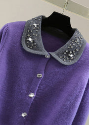 French Purple Peter Pan Collar Nail Bead Cotton Knit Sweaters Winter