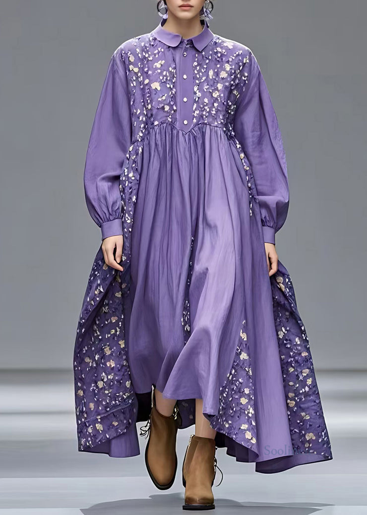 French Purple Peter Pan Collar Patchwork Long Dresses Long Sleeve