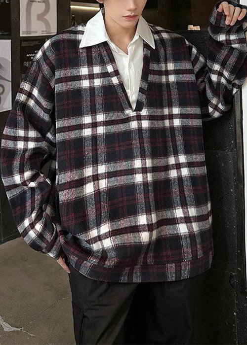 French Purple Plaid Button Patchwork Woolen Mens Shirts Spring