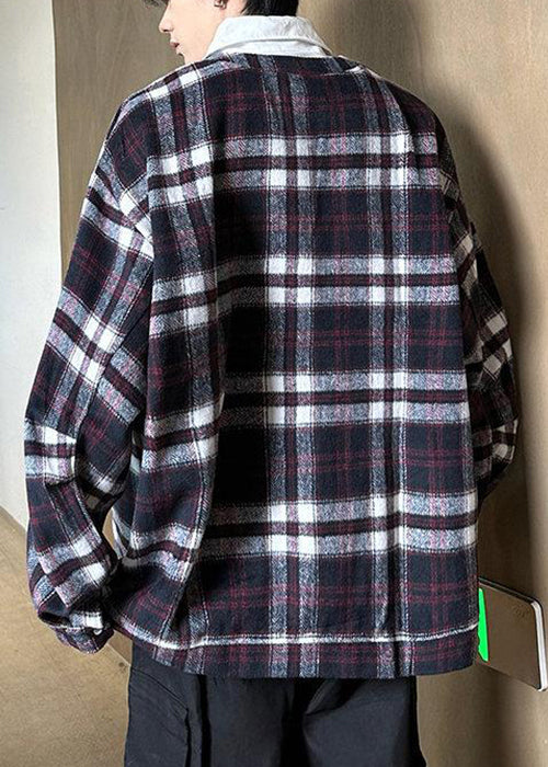 French Purple Plaid Button Patchwork Woolen Mens Shirts Spring