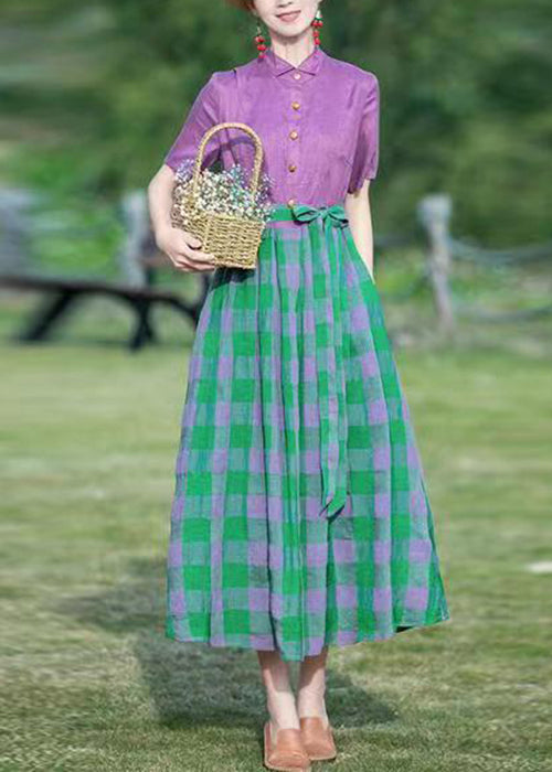 French Purple Plaid Lace Up Patchwork Cotton Long Dress Summer