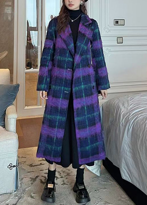 French Purple Plaid Notched Button Woolen Loose Coats Winter