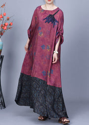 French Purple Red Print Pockets Patchwork Cotton Long Dresses Spring