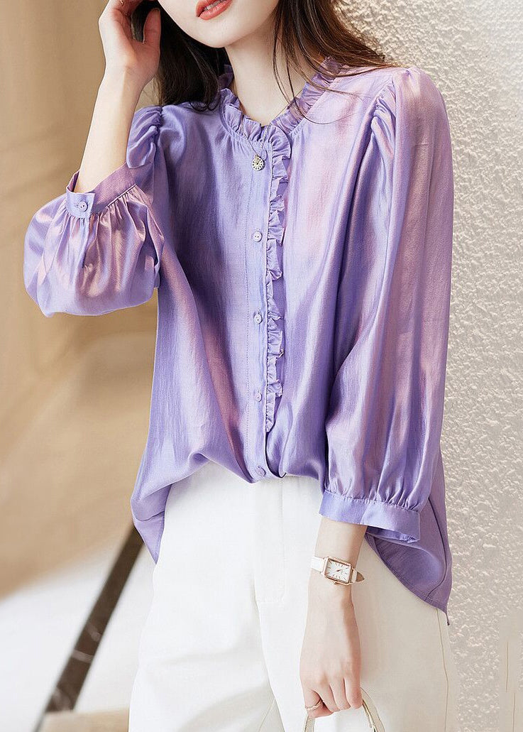 French Purple Ruffled Button Chiffon Shirts Long Sleeve