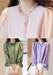 French Purple Ruffled Button Chiffon Shirts Long Sleeve