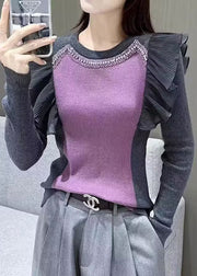 French Purple Ruffled Nail Bead Patchwork Knit Top Long Sleeve