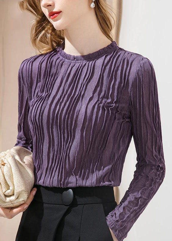 French Purple Ruffled Patchwork Slim Fit Cotton T Shirt Spring