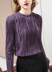 French Purple Ruffled Patchwork Slim Fit Cotton T Shirt Spring