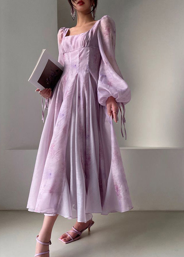 French Purple Square Collar Patchwork Chiffon Dress Lantern Sleeve