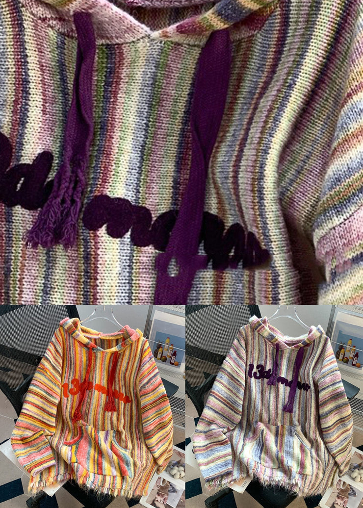 French Purple Striped Pockets Patchwork Cotton Knit Top Fall