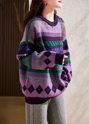 French Purple Striped Thick Knit Sweaters Winter