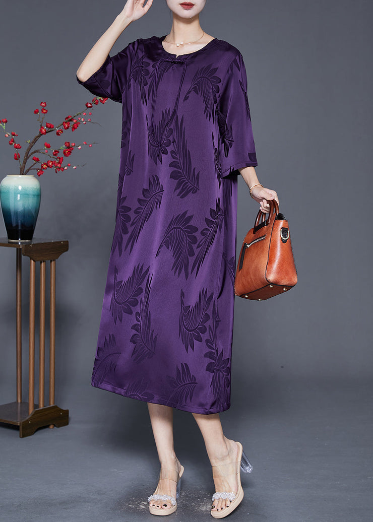 French Purple Tasseled Print Silk Maxi Dresses Summer