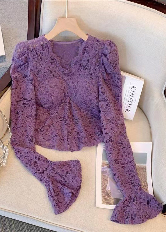 French Purple V Neck Hollow Out Lace Top Puff Sleeve