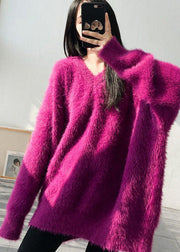 French Purple V Neck Oversized Mink Hair Knitted Sweaters Winter