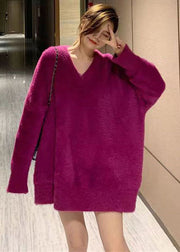 French Purple V Neck Oversized Mink Hair Knitted Sweaters Winter