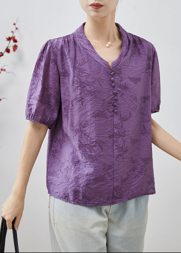 French Purple V Neck Print Cotton Shirts Summer