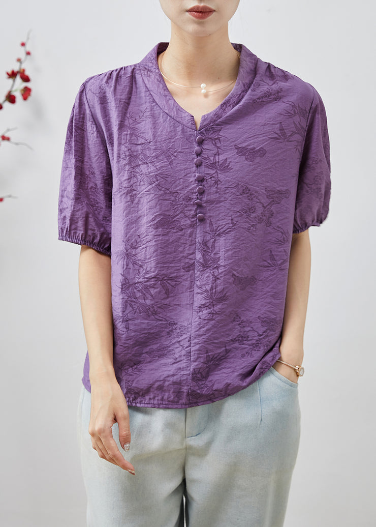 French Purple V Neck Print Cotton Shirts Summer