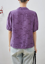 French Purple V Neck Print Cotton Shirts Summer