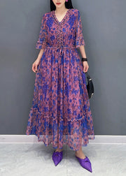 French Purple V Neck Print Elastic Waist Chiffon Long Dress Summer