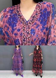French Purple V Neck Print Elastic Waist Chiffon Long Dress Summer