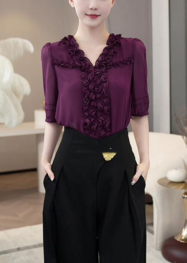 French Purple V Neck Ruffled Patchwork Cotton Chiffon Tops Summer