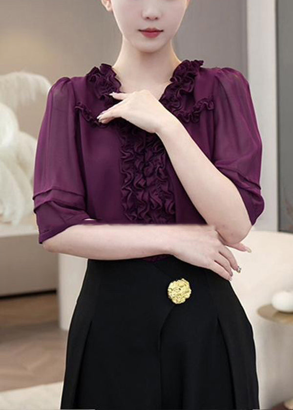 French Purple V Neck Ruffled Patchwork Cotton Chiffon Tops Summer