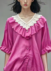 French Purple V Neck Ruffled Patchwork Cotton Top Summer