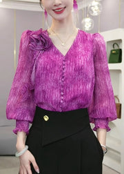 French Purple V Neck Ruffled Patchwork Silk Top Long Sleeve