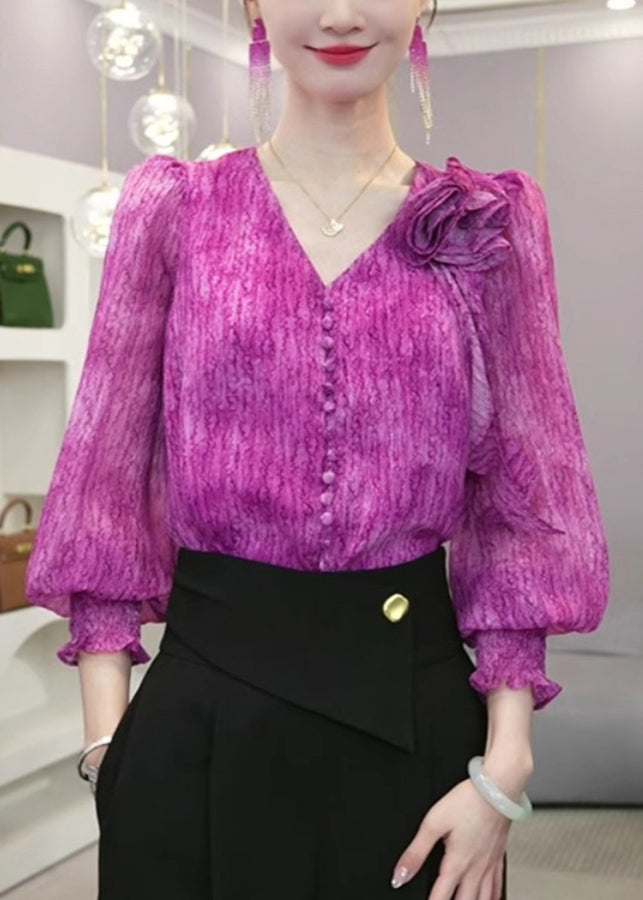 French Purple V Neck Ruffled Patchwork Silk Top Long Sleeve