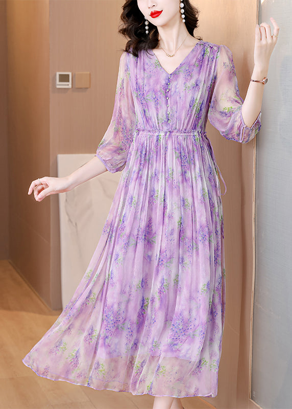 French Purple V Neck Ruffled Print Silk Dresses Summer