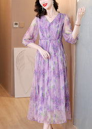 French Purple V Neck Ruffled Print Silk Dresses Summer