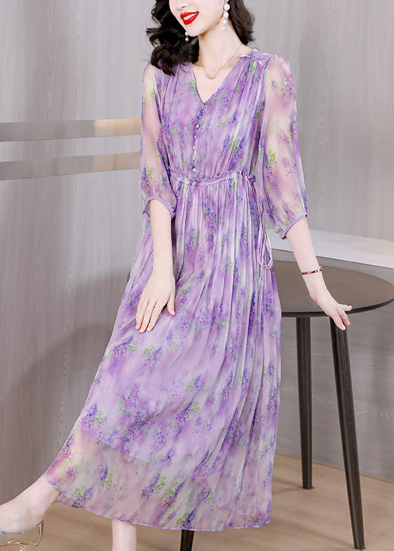 French Purple V Neck Ruffled Print Silk Dresses Summer