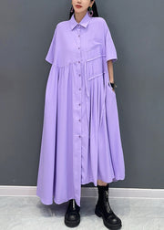 French Purple Wrinkled Pockets Cotton Shirts Dress Summer