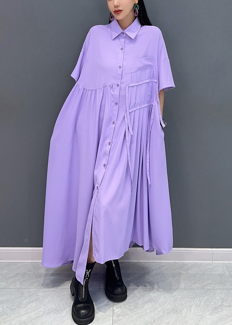 French Purple Wrinkled Pockets Cotton Shirts Dress Summer