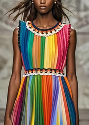 French Rainbow Cinched Striped Chiffon Pleated Dress Summer