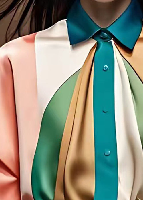 French Rainbow Peter Pan Collar Button Silk Shirt Half Sleeve