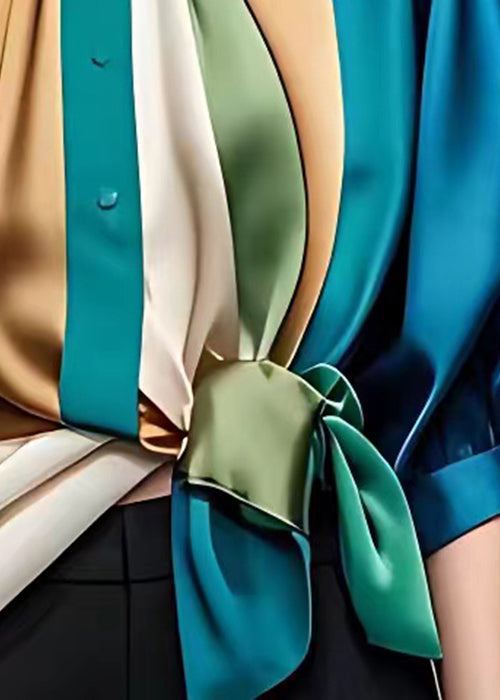 French Rainbow Peter Pan Collar Button Silk Shirt Half Sleeve