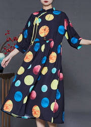 French Rainbow Print Mandarin Collar Silk Dress Summer